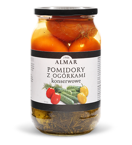Canned tomatoes with pickled cucumbers